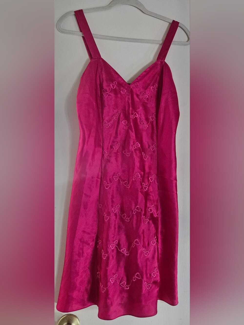 Erika Taylor Intimates Y2K Pink Satin Heart Embroidered Slip Chemise S